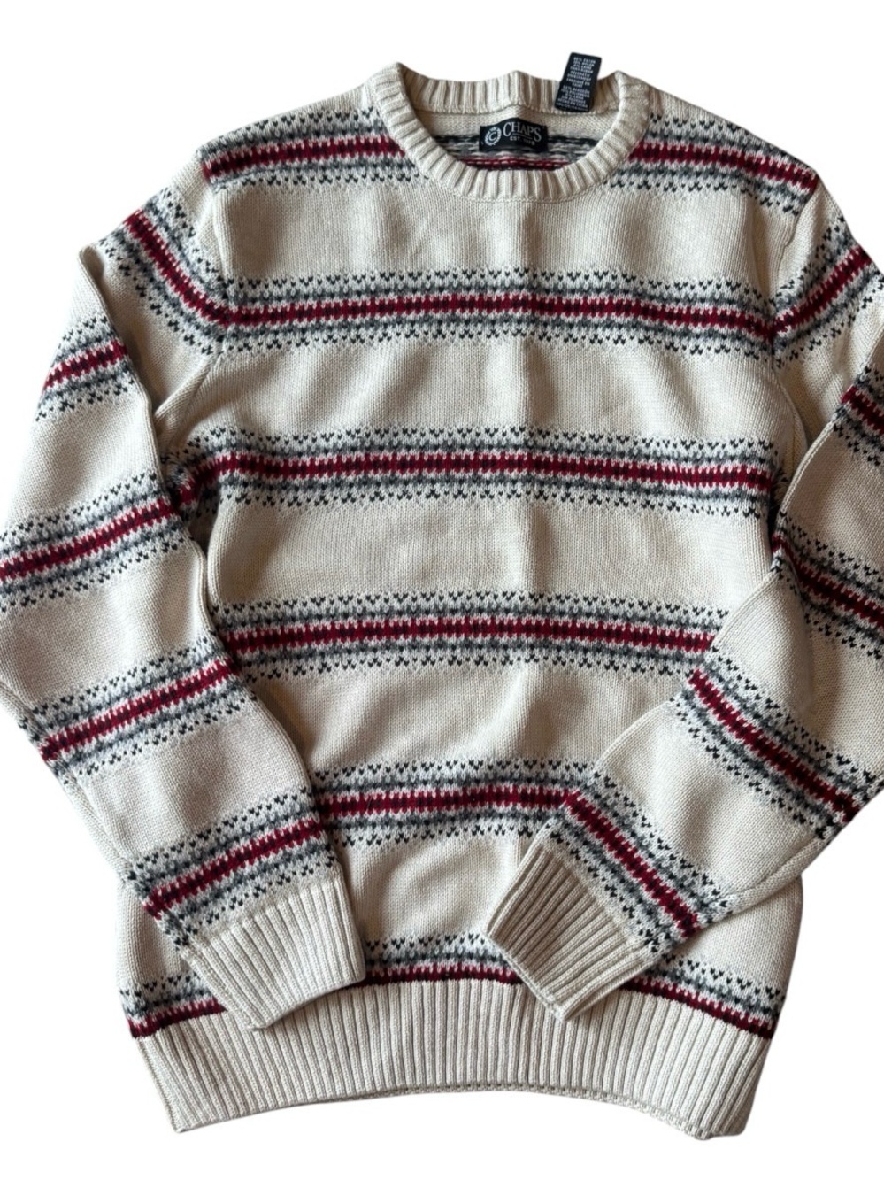 Chaps Men's Cream Striped Crewneck Sweater